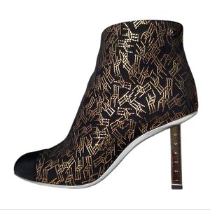 CHANEL CC Logo Cap Toe Ankle Boots With Metal Ruler Heels Gold Chair Print 37.5